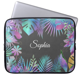 Funda Para Portátil Hojas Tropicales Iridescentes DIY Nombre Blanco, G