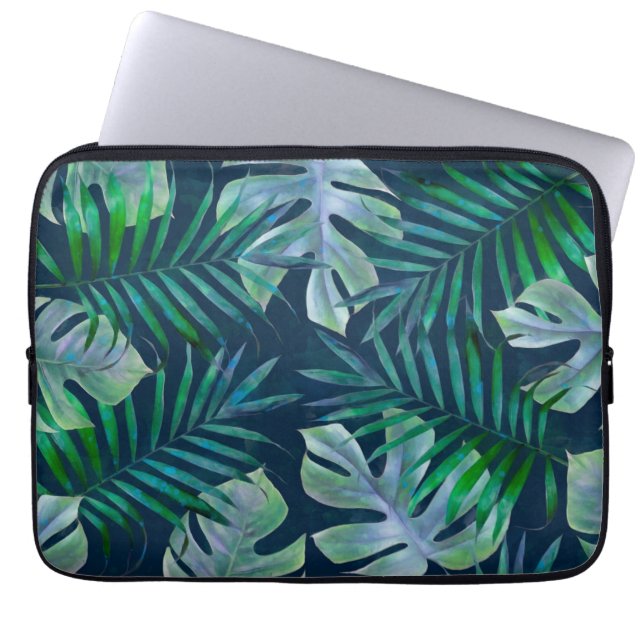 Funda Para Portátil Hojas tropicales verdes nocturnas (Frente)