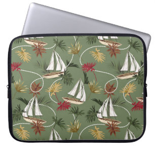 Funda Para Portátil Hojas tropicales vintage, barco y mar de cuerda de