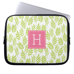 Funda Para Portátil Hojas verdes y monograma rosa