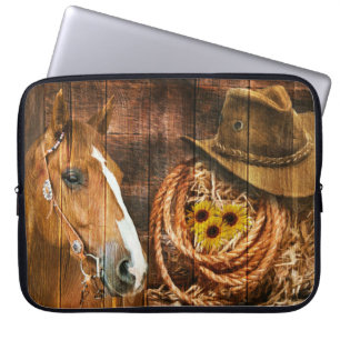 Funda Para Portátil Horse Cowboy Gorra Lasso Sunflower Rusn Barn Board