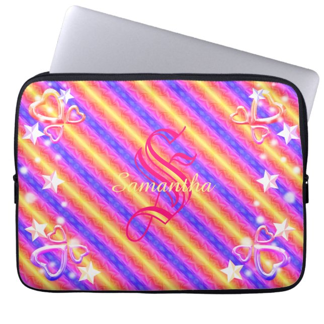 Funda Para Portátil Huella arcoiris Monograma Nombre Sparkle Hearts Gi (Frente)