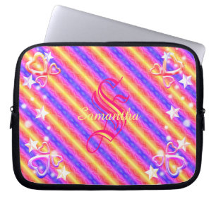 Funda Para Portátil Huella arcoiris Monograma Nombre Sparkle Hearts Gi