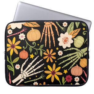 Funda Para Portátil Huesos de Halloween, patrón sin costuras florales.
