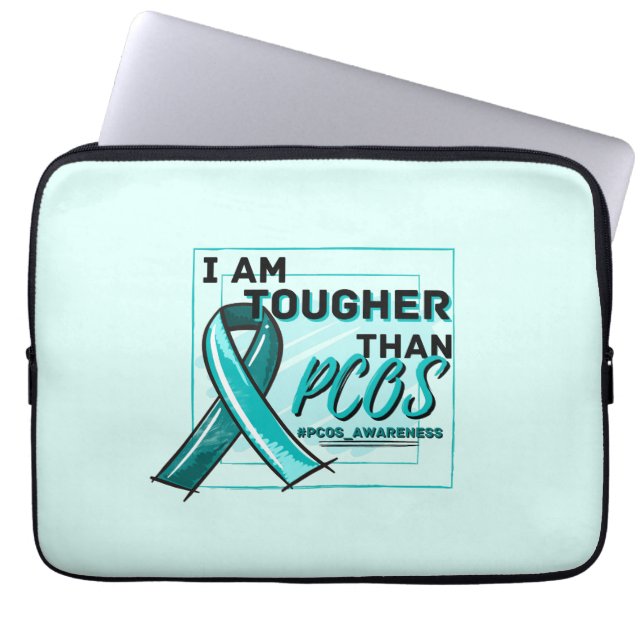 Funda Para Portátil I AM TOUGHER THAN PCOS PCOS AWARENESS Teal Ribbon (Frente)