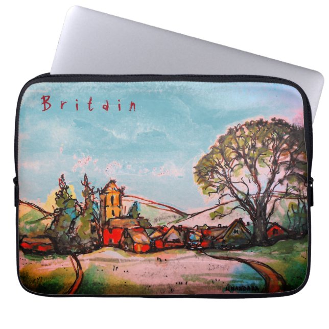 Funda Para Portátil Idílico bosquejo de una aldea británica (Frente)