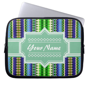 Funda Para Portátil Ikat Chevron azul y verde tribal personalizado