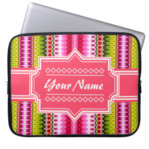 Funda Para Portátil Ikat Chevron, una tribu rosa y verde, personalizad