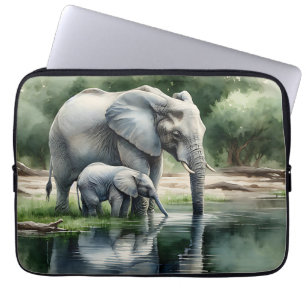 Funda Para Portátil Ilustracion acuático de mamá y bebé elefante