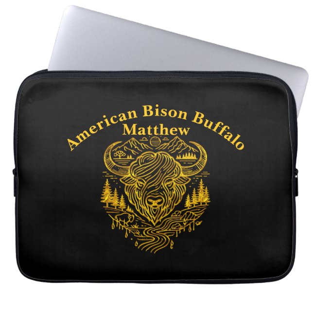 Funda Para Portátil Ilustracion Bison Buffalo en un paisaje escénico (Frente)