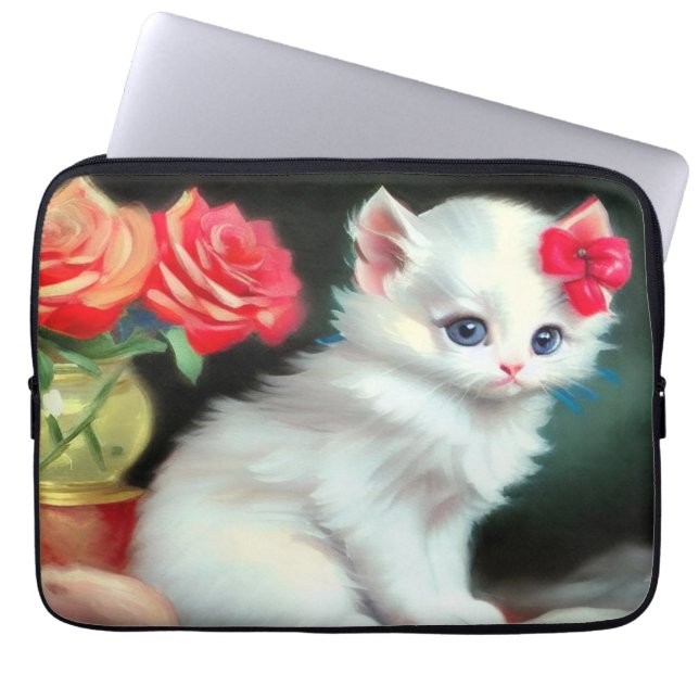 Funda Para Portátil Ilustracion de gatito blanco con flores rojas (Frente)