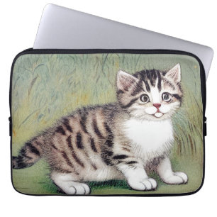 Funda Para Portátil Ilustracion de gatito vintage a rayas
