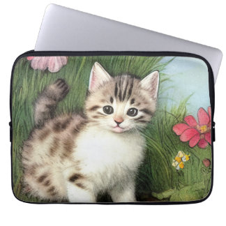 Funda Para Portátil Ilustracion de gato vintage con flores rojas