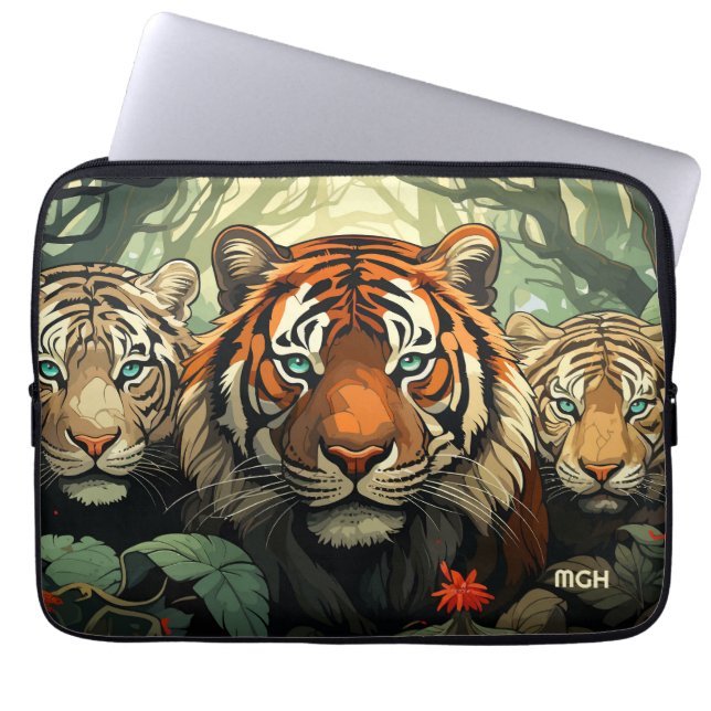 Funda Para Portátil Ilustracion de los tigres monogramo personalizado (Frente)