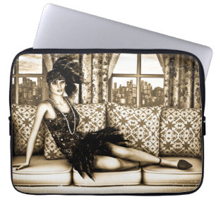 Funda Para Portátil Ilustración de mujer flapper Art Deco sepia