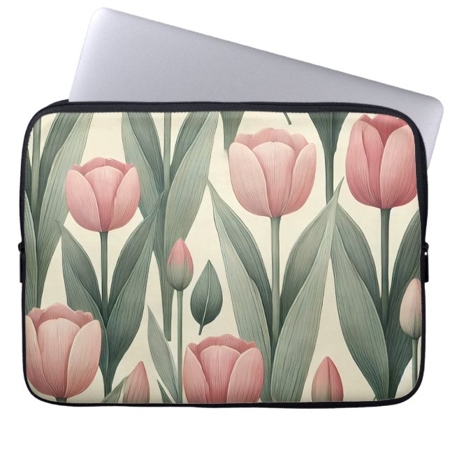 Funda Para Portátil Ilustracion de patrón de campo tulipán rosado (Frente)