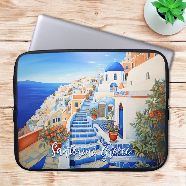 Funda Para Portátil Ilustracion de Santorini | Arte de viajes (Santorini Island Illustration | Travel Art Laptop Sleeve)