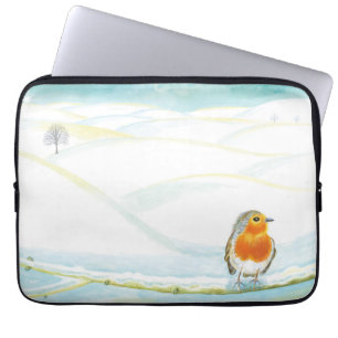 Funda Para Portátil Ilustracion del paisaje invernal blanco con Robin