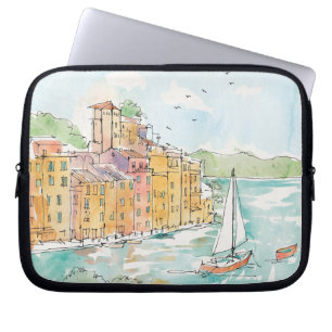 Funda Para Portátil Ilustracion del puerto de Porofino con el velero