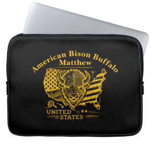 Funda Para Portátil Ilustracion Golden Bison con mapa y bandera de Est