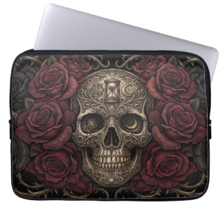 Funda Para Portátil Ilustración gótica de cráneo intrincado y rosas os