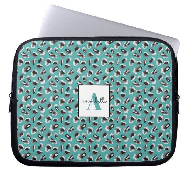 Funda Para Portátil Impresión de animales monograma Aqua Leopard Perso (Frente)