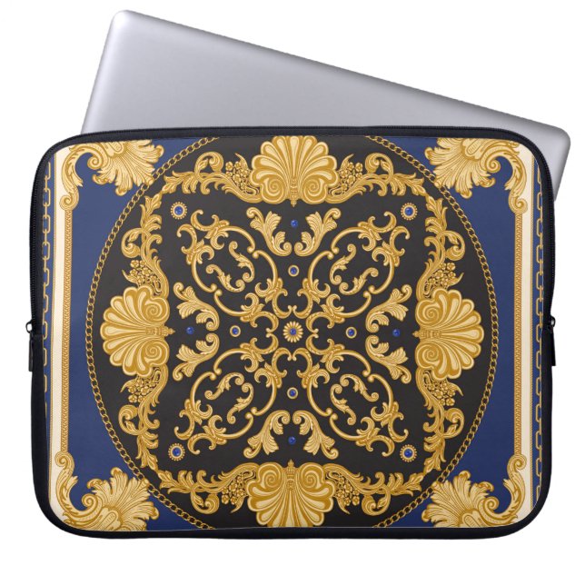 Funda Para Portátil Impresión de Bandana: Oro azul negro. (Frente)