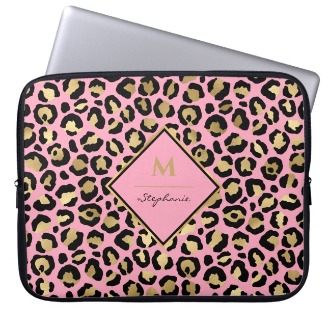 Funda Para Portátil Impresión de leopardo negro y rosado dorado de mod (Frente)
