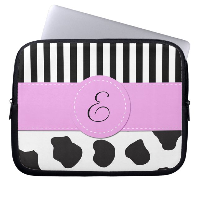 Funda Para Portátil Impresión en vaca, franjas, negro y blanco, monogr (Frente)