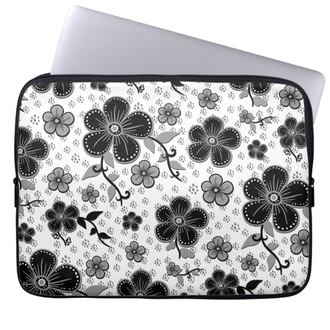 Funda Para Portátil Impresión floral en blanco y negro (Frente)