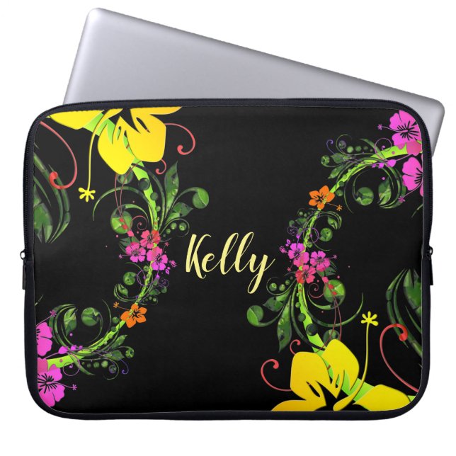 Funda Para Portátil Inhibisco floral tropical negro rosa amarillo verd (Frente)