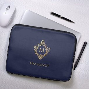 Funda Para Portátil Inicial de cresta vintage de oro falso azul marino