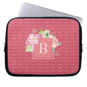 Funda Para Portátil Inicial monogramada abstracta y floral coral rosa