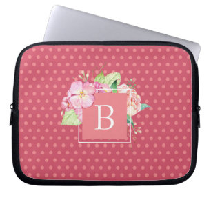 Funda Para Portátil Inicial Monogramada con Lunares Rosados y Floral C