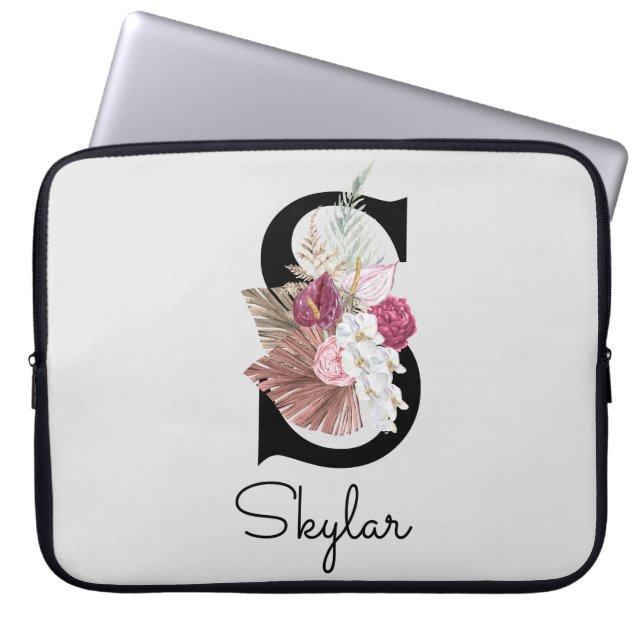 Funda Para Portátil Inicial S Monogramada Rosa Floral Boho (Frente)