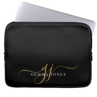 Funda Para Portátil Iniciales de monograma con guión dorado negro Mini