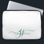 Funda Para Portátil Iniciales de monograma de guión verde azulado Mini<br><div class="desc">Una moda moderna y elegante secuencia de comandos verde azuladas iniciales monograma en blanco,  con un dramático guión inicial con toques y tu nombre completo en un moderno tipo serif.</div>