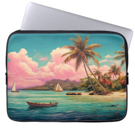 Funda Para Portátil Isla de cosecha hawaiana, palmera, barco, rosa