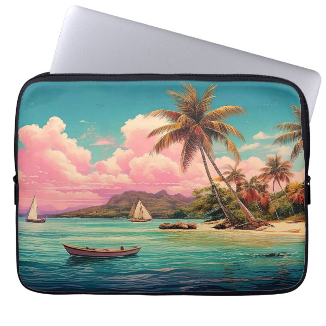 Funda Para Portátil Isla de cosecha hawaiana, palmera, barco, rosa (Frente)