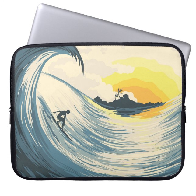 Funda Para Portátil Isla tropical, ola, puesta de sol surfista. (Frente)