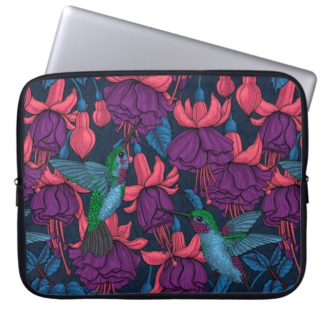 Funda Para Portátil Jardín de colibrís en morado y azul (Frente)