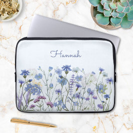 Funda Para Portátil Jardín de flores silvestres de color azul monogram