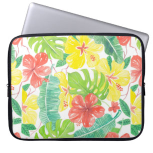 Funda Para Portátil Jardín tropical, plumeria de hibiscos y hojas de p