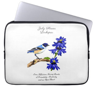 Funda Para Portátil Julio Mes de Nacimiento Flor Pájaro Azul y Larkspu