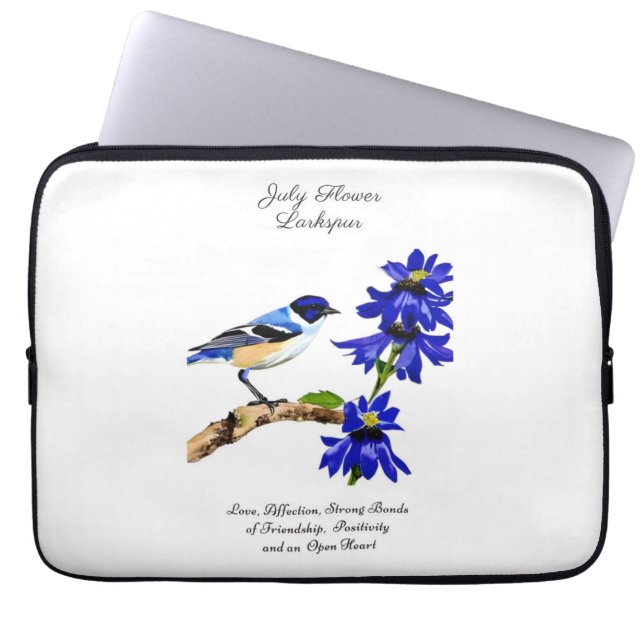 Funda Para Portátil Julio Mes de Nacimiento Flor Pájaro Azul y Larkspu (Frente)