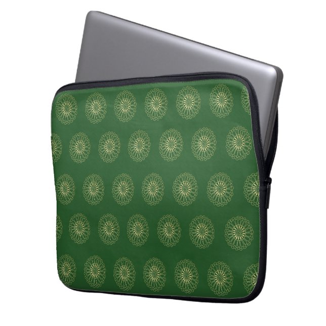 Funda Para Portátil Kelly Green | Golden Zinnia Flower Medallions (Anverso izquierdo)