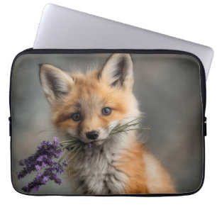 Funda Para Portátil Kit de Fox Adorable Holding Flores de Lavanda