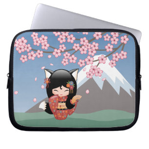 Funda Para Portátil Kitsune Kokeshi Doll - Chica negro Fox Geisha