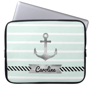 Funda Para Portátil La verde menta de moda raya personalizado náutico