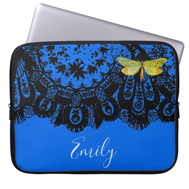 FUNDA PARA PORTÁTIL LACE NEGRO ANTIGUO EN MANCHA DE NEOPRENA AZUL (Frente)